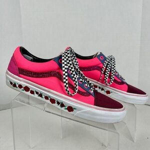 Vans Old Skool Pink Glitter Roses Checkerboard Women Shoe Sneakers Custom 10